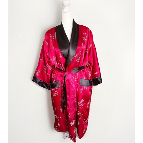 Unbranded Other - VTG Embroidered Dragon Reversible Satin Kimono Robe Asian Print Smoking Jacket S
